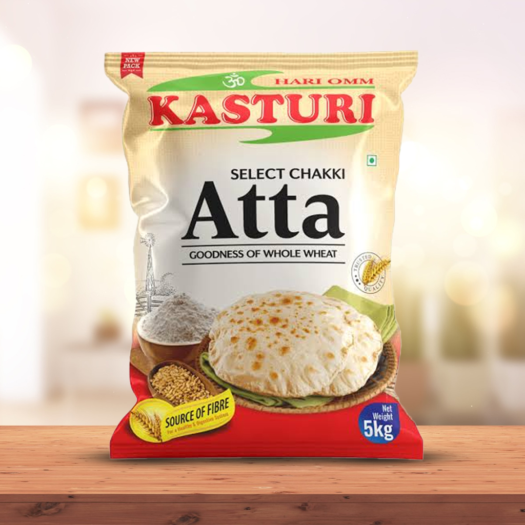 Kasturi Select Chakki Atta bag — freshly milled wheat flour fortified with micronutrients